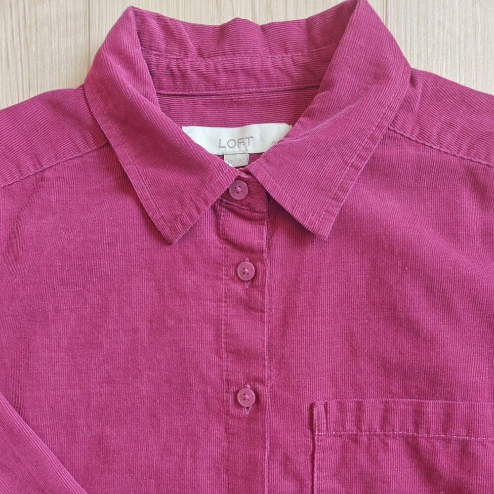 LOFT Long Sleeve Petite Top Button Down Shirt Corduroy Hot Magenta Pink Size SP